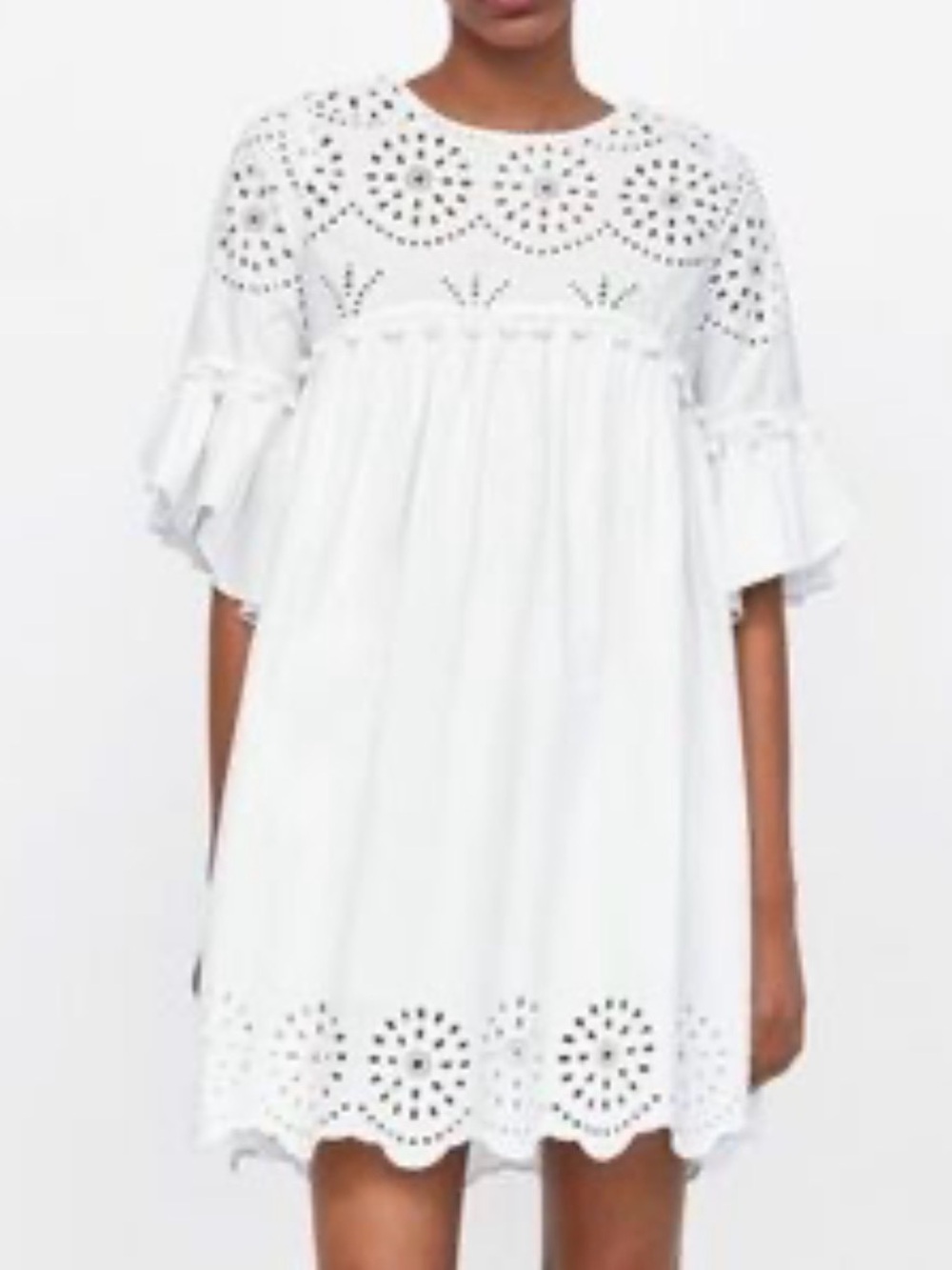 Zara White Eyelet Babydoll Mini Dress with Scallop Hem